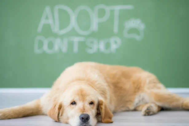A dog sprawled on the floor beside a chalkboard displaying "Adopt Don't Shop," highlighting the importance of pet adoption.